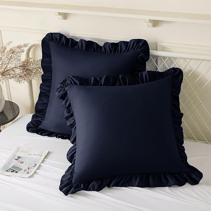 KKJIAF Ruffle Pillow Cases 24x24 Inches, Navy Blue Square Ruffled Pillow Covers Set of 2, Microfiber Wrinkle Resistant Pillow Shams with Envelope Closure for Sofa Bed Living Room