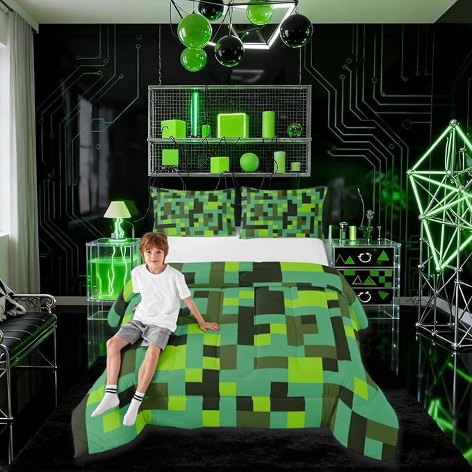 Pixel Grid Miners Kids Comforter Set Queen Size,Geometric Grid Patchwork Pixelated Bedding Set,Boys Room Decor,Gamepad Video Games Quilt Comforter,Cyan Green Duvet Set Bedroom Quilt Set,2 Pillowcases