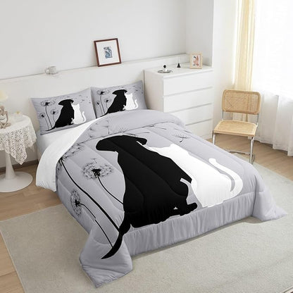 Erosebridal Couple Bedding Set King, Kawaii Cat Dog Comforter for Boys Girls Teens Adult, Cute Pet Aniamls Duvet Insert, Lovely Kitten Puppy Quilt Set, Dandelion Plants Floral Down Comforter, Gray