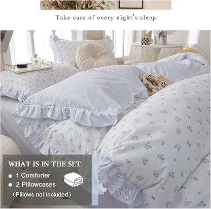 VM VOUGEMARKET Lightweight Ruffle Comforter Set with Flower Pattern Twin XL,68 x 90 Inches,Reversible Blue Bedding Comforter - Perfect for Teen Girls' Bedrooms