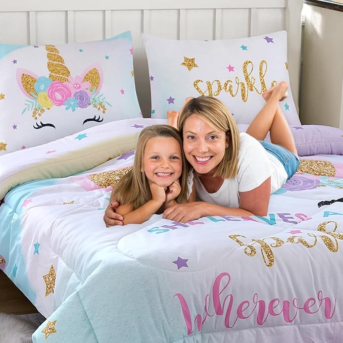 Cokouchyi Twin Comforter Set for Girls, 5-Piece Bed in a Bag, 3D Colorful Unicorn Bedding Comforter Sheet Set, Ultra Soft and Fluffly, Pink & Rainbow Color