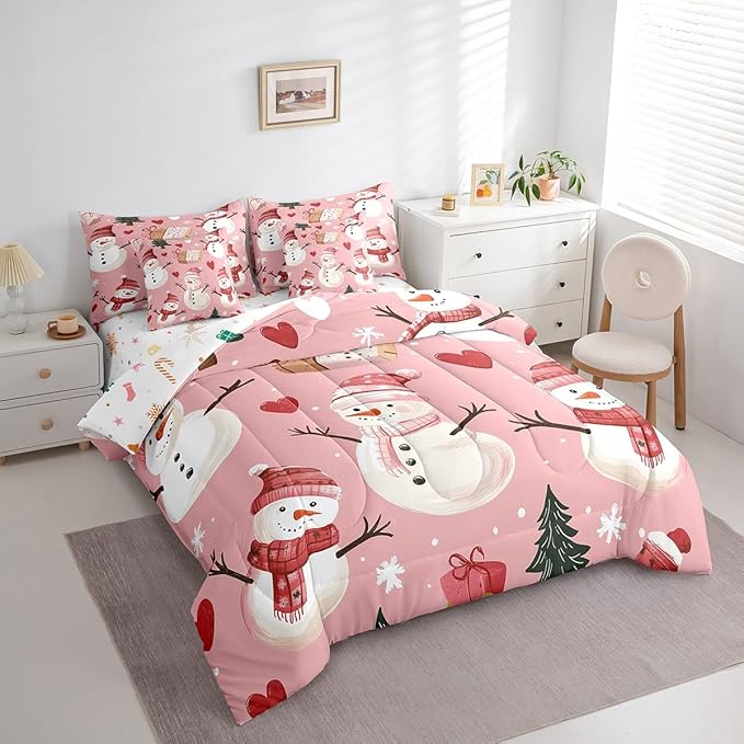 Cute Snowman Full Comforter Set with Sheets Bed in a Bag 7 Pcs,Christmas Trees Gifts Bed Set,Red Hearts Winter Snow Bedding Sets with Comforter,Flat,Fitted Sheet,Pillowcases,Pillow Covers