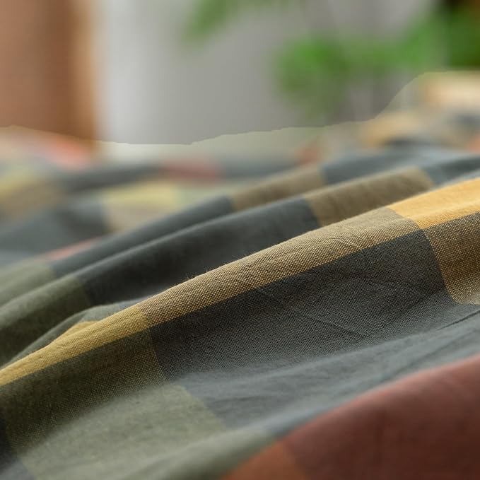 VM VOUGEMARKET Twin XL Plaid Duvet Cover Set Orange Grey Green Gingham Bedding Set Soft Washed Cotton Reversible Modern Cozy Duvet Cover with 2 Pillowcases for Teen Boys- 68x90 Inch