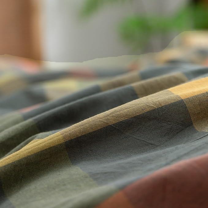 VM VOUGEMARKET Multicolor Plaid Duvet Cover Set Full Soft Washed Cotton Reversible Bedding Modern Cozy Grid Duvet Cover with 2 Pillowcases for Men Women-Orange/Grey/Green,80x90Inch