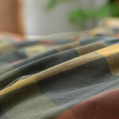 VM VOUGEMARKET Plaid Duvet Cover Set Queen Washed Cotton Reversible Bedding Multicolor Buffalo Grid Duvet Cover with 2 Pillowcases for Men Women(Orange/Grey/Green,Queen)