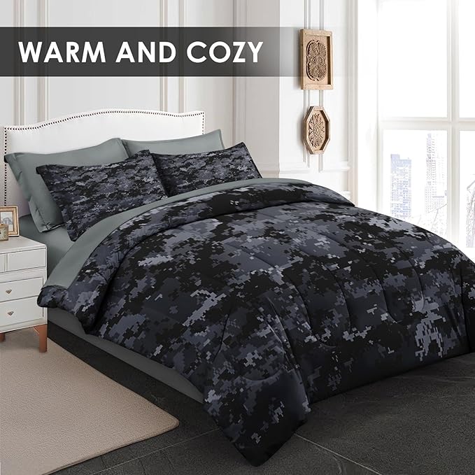 Comforter Set King Size, Camouflage Camo Military 7 Pcs Bedding for Kids and Adults, Gray Black Bed Sheet Sets with Fitted Sheet 2 Pillowcases & 2 Shams for Bedroom Bed Decor