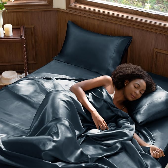 CozyLux Satin Sheets Queen Size Bed Set - 4 Piece Silky Queen Sheet Set, Luxury Steel Blue Queen Sheets with Smooth and Soft Microfiber, Includes 1 Fitted Sheet, 1 Flat Sheet and 2 Pillowcases