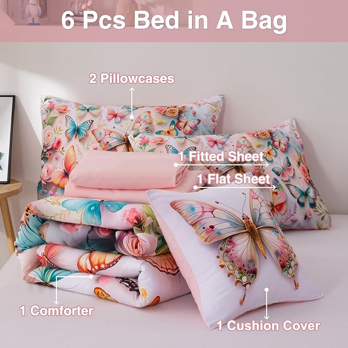 A Nice Night Queen 6pcs Bed in A Bag Pink and Blue Dreamy 3D Various Butterfly Printed, Colorful Butterflies Flying in Flower Design Bedding Full Comforter Set, for Girls Kids Teens