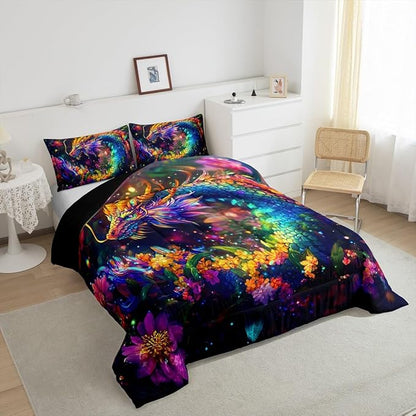 Feelyou Dragon Comforter Set Queen Size Flower Dragon Comforter for Boys Girls Teens Wild Life Bedding Set Dragon Decor Duvet Set Room Decor Clorful Quilt Set