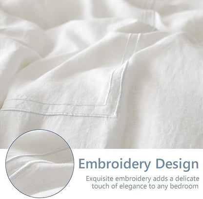 Simple&Opulence 100% Washed Linen Duvet Cover Set 104"x92" - 3 Pieces Soft Farmhouse Comforter Cover Set Double Embroidered with Button Closure - 1 Duvet Cover and 2 Pillowcases (White, King)