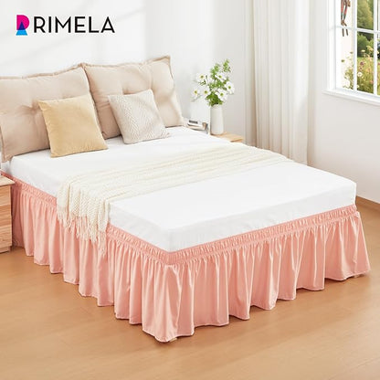 RIMELA Peachy Coral Bed Skirt King Size 18 Inch Drop, Elastic Bed Skirting for Bed Base and Frame, Bedding Dust Ruffle Easy to Install, Wrap Around Adjustable Bedskirt