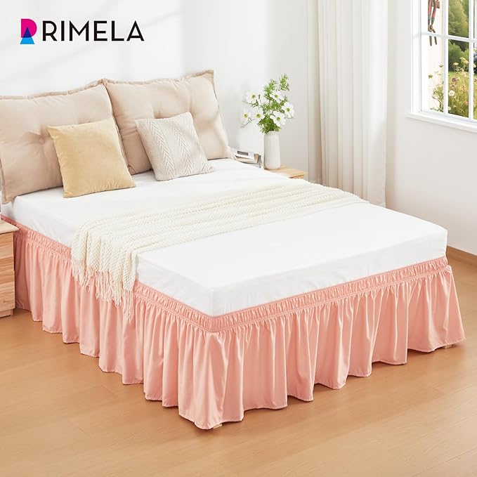 RIMELA Peachy Coral Bed Skirt Queen Size 15 Inch Drop, Elastic Bed Skirting for Bed Base and Frame, Bedding Dust Ruffle Easy to Install, Wrap Around Adjustable Bedskirt