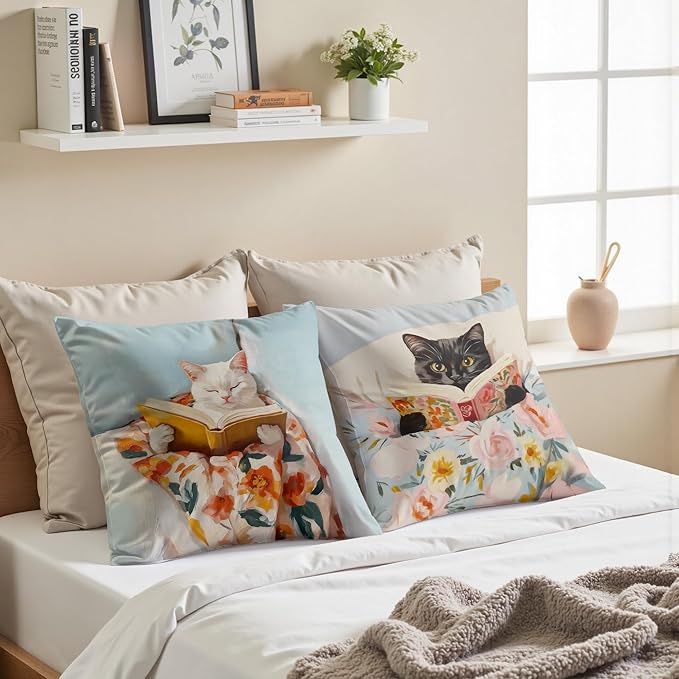Funny Cat Reader Book Pillow Cover 18 x 18 Set of 2, Reading Nook Corner Decor, Gifts for Book Lovers, Preppy Floral Black White Cats Bookish Pillowcase（001）