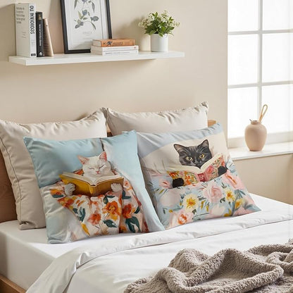 Funny Cat Reader Book Pillow Cover 18 x 18 Set of 2, Reading Nook Corner Decor, Gifts for Book Lovers, Preppy Floral Black White Cats Bookish Pillowcase（001）