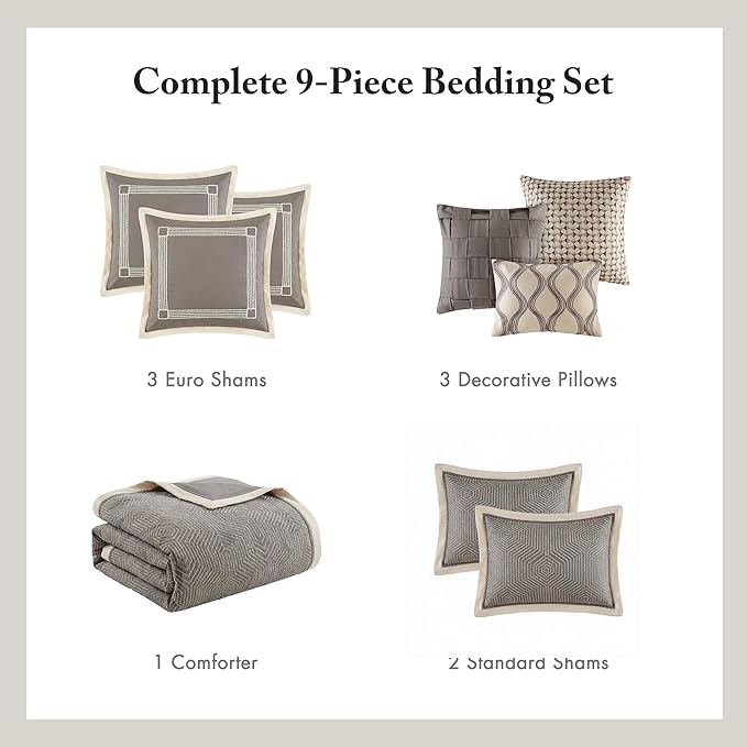 Madison Park Signature Cozy Comforter Set - All Season Bedding Combo Filled Insert and Removable Duvet Cover, Shams, Decorative Pillows, King (110 in x 96 in), Geometric Grey 10 Piece