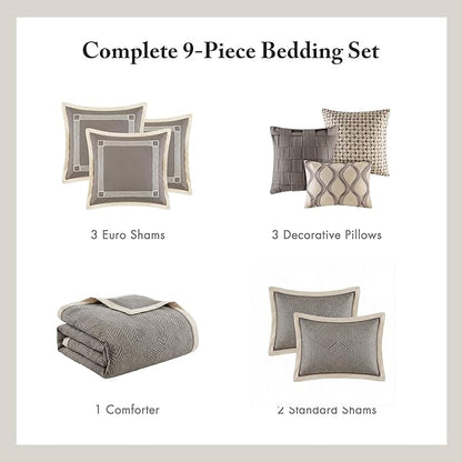Madison Park Signature Cozy Comforter Set - All Season Bedding Combo Filled Insert and Removable Duvet Cover, Shams, Decorative Pillows, King (110 in x 96 in), Geometric Grey 10 Piece
