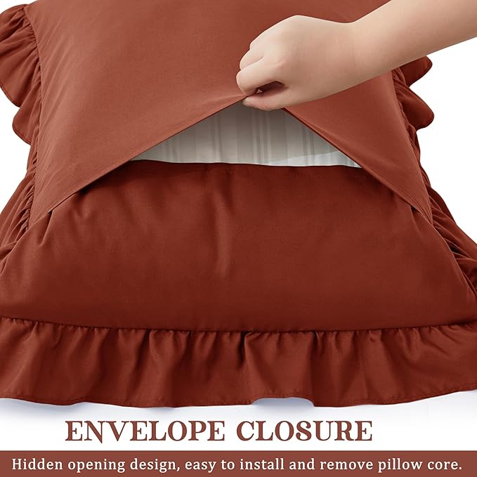 KKJIAF Ruffle Pillow Cases Queen Size Set of 2, Ruffled Pillow Covers with Envelope Closure, Wrinkle Resistant Ruffled Pillow Shams 20" x 30", Dusty Orange