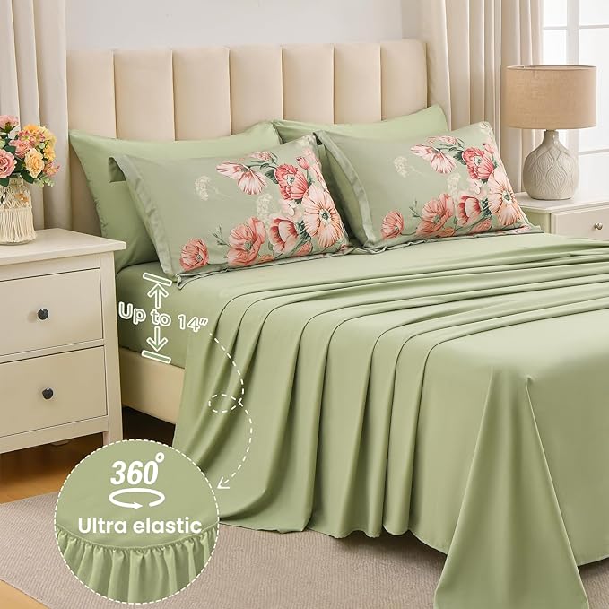 Queen Comforter Set - 7 Pieces Bed in a Bag Green Floral Queen Comforter Set with Sheets, Soft Microfiber Flower Complete Bedding Set for All Seasons（Green,90"x90"）
