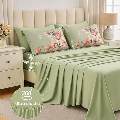 Queen Comforter Set - 7 Pieces Bed in a Bag Green Floral Queen Comforter Set with Sheets, Soft Microfiber Flower Complete Bedding Set for All Seasons（Green,90"x90"）