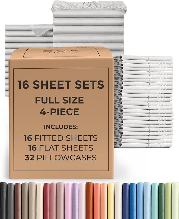 Bulk Case Pack of 16 Sheet Sets - (16) Complete Full Size Sheet Sets with Deep Pockets - Wholesale Bulk Bedding for Hotels, Spas & Airbnbs - Breathable, Cooling & Wrinkle Free - (Full, French Grey)