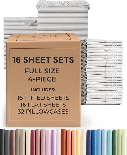 Bulk Case Pack of 16 Sheet Sets - (16) Complete Full Size Sheet Sets with Deep Pockets - Wholesale Bulk Bedding for Hotels, Spas & Airbnbs - Breathable, Cooling & Wrinkle Free - (Full, French Grey)