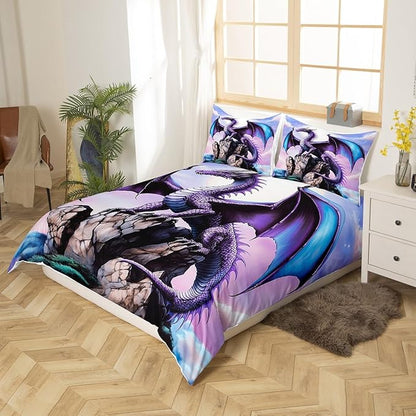 Feelyou Dragon Bedding Duvet Cover Set Twin Size 3D Dragon Theme Bedding Set Decor Ancient Wildlife Dragon Deep Animal Magical World Scale Comforter Cover Set Purple Bedspread Cover,No Comforter
