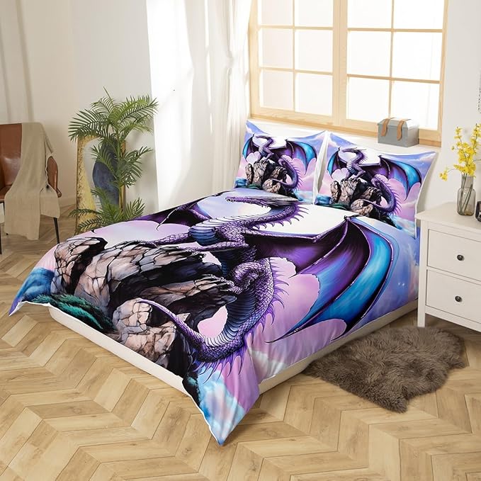 Feelyou Dragon Bedding Duvet Cover Set Toddler Size 3D Dragon Theme Bedding Set Decor Ancient Wildlife Dragon Deep Animal Magical World Scale Comforter Cover Set Purple Bedspread Cover,No Comforter