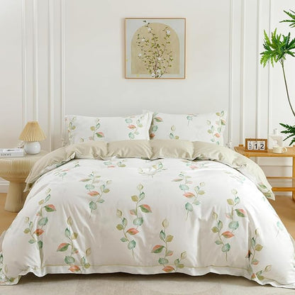 OAITE Duvet Cover Set Queen Size Floral Pattern Ultra Soft 100% Cotton Duvet Cover Sets 3-PC, Breathable Duvet Cover with Zipper Closure & Corner Ties(2 Pillow Shams,1 Duvet Cover)