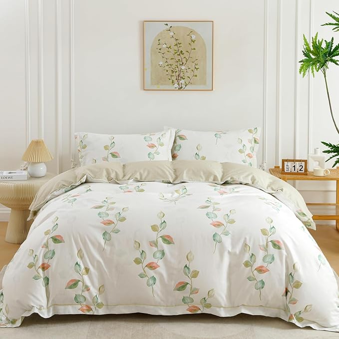 OAITE Duvet Cover Set King Size Floral Pattern Ultra Soft 100% Cotton Duvet Cover Sets 3-PC, Breathable Duvet Cover with Zipper Closure & Corner Ties(2 Pillow Shams,1 Duvet Cover)