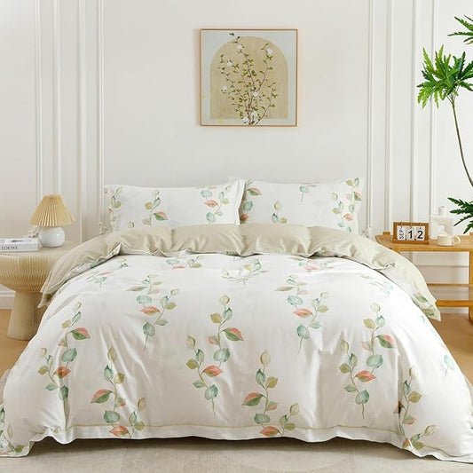 OAITE Duvet Cover Set Twin Size Floral Pattern Ultra Soft 100% Cotton Duvet Cover Sets 3-PC, Breathable Duvet Cover with Zipper Closure & Corner Ties(2 Pillow Shams,1 Duvet Cover)