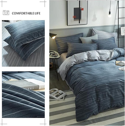 HighBuy Navy Stripe Comforter Set 3 Pieces King Gingham Bedding Set Fluffy Down Alternative Dark Blue Striped Comforter King Art Decor Modern Chic Comforter with 2 Pillowcases All Season