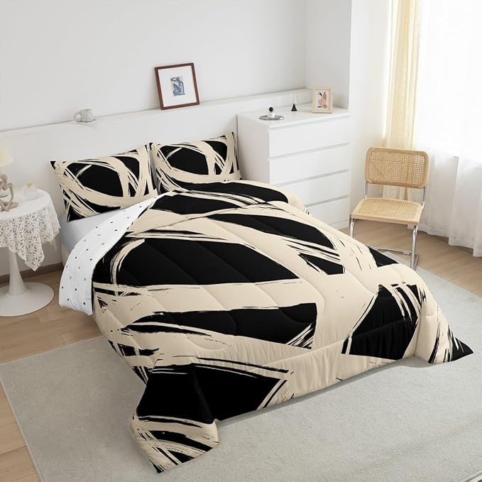 Erosebridal Beige and Black Abstarct Toddler Bedding Set,Aesthetic Geometric Comforter Set for Minimalists,Graffiti Stripes Lines Quilt,Contemporary Boho Modern Art Duvet Insert for Minimalism