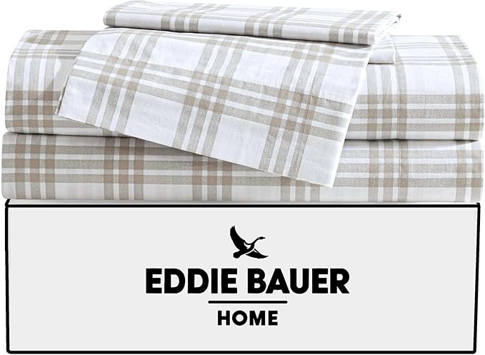 Eddie Bauer - Queen Sheet Set, Cotton Percale Bedding Set, Super Soft and Bedding Set, Oeko-Tex Certified (Basic Plaid Beige, Queen)