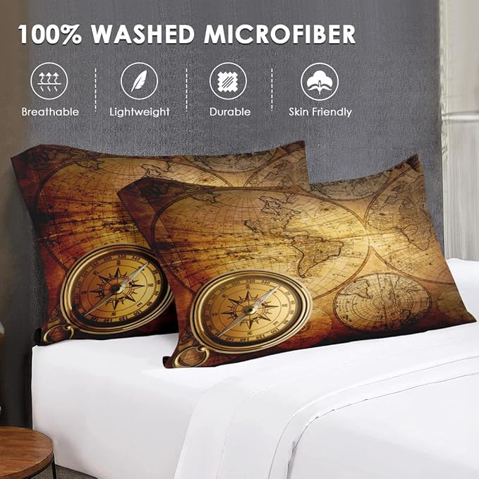 Queen Size Comforter Set with 2 Pillowcases, Vintage Retro World Map Soft 3 Pcs Bedding for Kids and Adults Bedroom Bed Decor