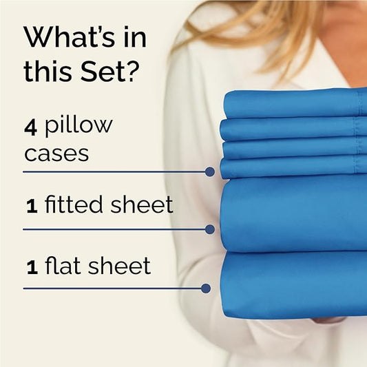 Full 6 Piece Sheet Set - Comfy Breathable & Cooling - Ultra-Soft Hotel Luxury Bedding Set with 8-16 Inch Deep Pockets - 1 Flat & 1 Fitted Sheet & 4 Pillowcases - Wrinkle Free & Easy Care - Denim Blue