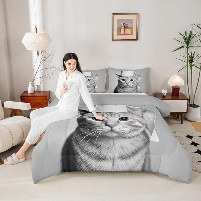Erosebridal Kitten Bedding Set King Size Cat Comforter Set for Kids Boys Girls 3D Kawaii Cute Hat Bowl Black Grey Comforter Warm Soft Quilt Insert