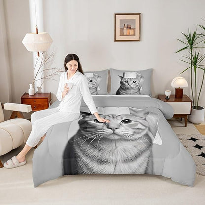 Erosebridal Kitten Bedding Set Toddler Size Cat Comforter Set for Kids Boys Girls 3D Kawaii Cute Hat Bowl Black Grey Comforter Warm Soft Quilt Insert