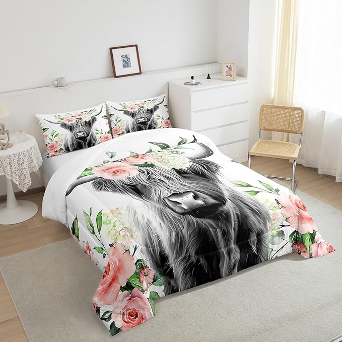 Feelyou Highland Cow Bedding Set Kids Rose Floral Bull Cattle Comforter Set for Girls Teens Western Wildlife Animal Comforter Farmhouse Duvet Set Room Decor Quilt Set Full Size