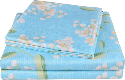 JSD Blue Floral Printed Sheet Set Queen Size, 4 Piece Soft Spring Pattern Microfiber Sheets Extra Deep Pocket