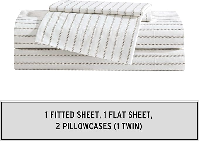 Eddie Bauer - Queen Sheet Set, Cotton Percale Bedding Set, Super Soft and Bedding Set, Oeko-Tex Certified (Essential Stripe Beige, Queen)
