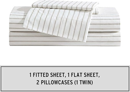 Eddie Bauer - Full Sheet Set, Cotton Percale Bedding Set, Super Soft and Bedding Set, Oeko-Tex Certified (Essential Stripe Beige, Full)
