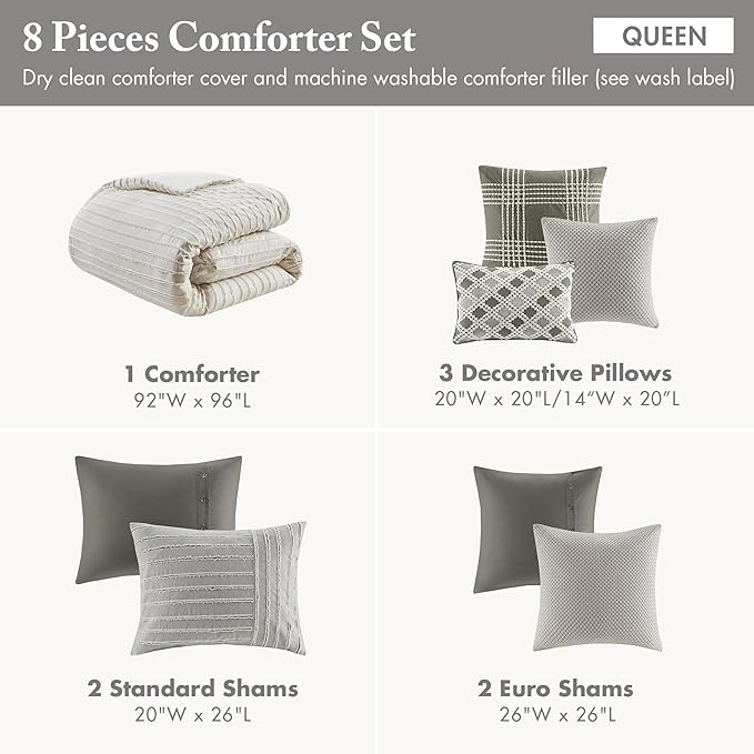 Madison Park Queen Comforter Set, Removable 100% Cotton Duvet Cover Queen Size with Insert, Farmhouse Bedding, Textured Stripe Clipped Jacquard Accent, Queen, Grey 8 Piece