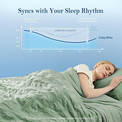 Cozy Bliss Cooling Comforter Seersucker Plaid Queen Size, Q-Max 0.45 Lightweight Cooling Blanket, Breathable Silk Smooth Summer Bedding Quilt for Hot Sleepers Night Sweats Sage Green