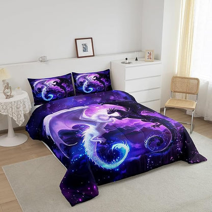 Black White Dragon Comforter Set King Size,Nebula Star Glitter Bedding Set for Kids Teens Couple Adults Room Decor,Western Magical Wildlife Duvet Insert 3Pcs,Animal Purple Quilt Set,2 Pillowcases