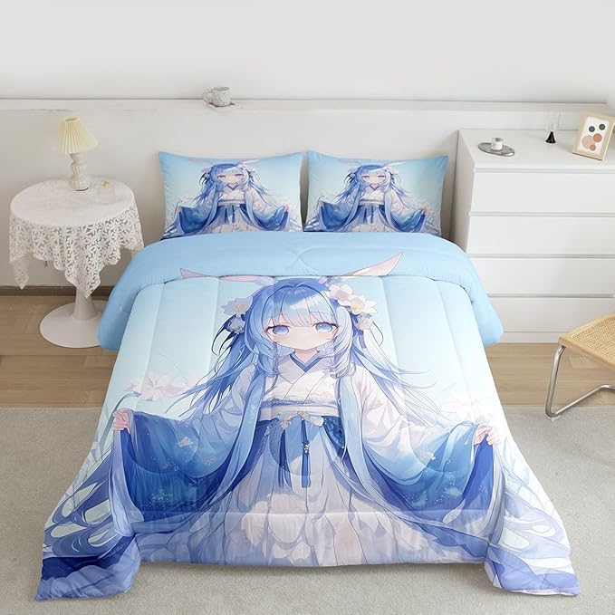 Erosebridal Traditional Japanese Kawaii Decor, 3D Anime Girl & Cartoon Girl Bedding Sets, Blue Butterfly Decor, Down Comforter King