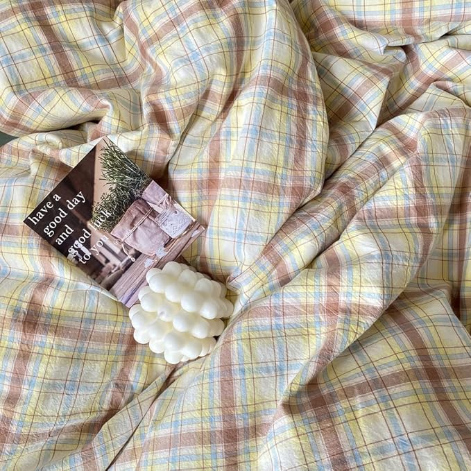 EAVD Vintage Style Buffalo Plaid Duvet Cover Twin Size 3 Pieces Grid Plaid Bedding Set Soft 100% Washed Cotton Aesthetic Gingham Duvet Cover with 2 Pillowcases Colorful Grid Checkered Bedding Set