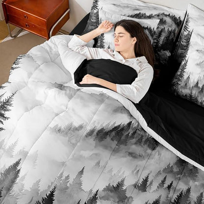 Erosebridal Black Gray Misty Forest Full Comforter Set with Sheets 7 Piece Grey White Foggy Mountain Bed in A Bag Rustic Woodland Pine Trees Bedding Sets for Kids Adults,Watercolor Nature Bed Set