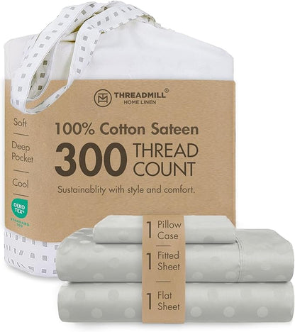 Threadmill Cotton Twin Sheet Set | 100% Cotton Sheets for Twin Size Bed | Damask Jacquard Sateen Twin Bed Sheets Set with 16” Deep Pocket | Soft Breathable 3-Piece Cooling Sheet Set | Light Grey