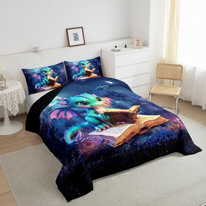 Castle Fairy Cartoon Dragon Bedding Set Queen Size Magic Jungle Night Comforter Set for Girls Boys Teens Room Decor Cute Dragon Books Down Comforter Starry Moon Sky Quilt Set with 2 Pillowcases