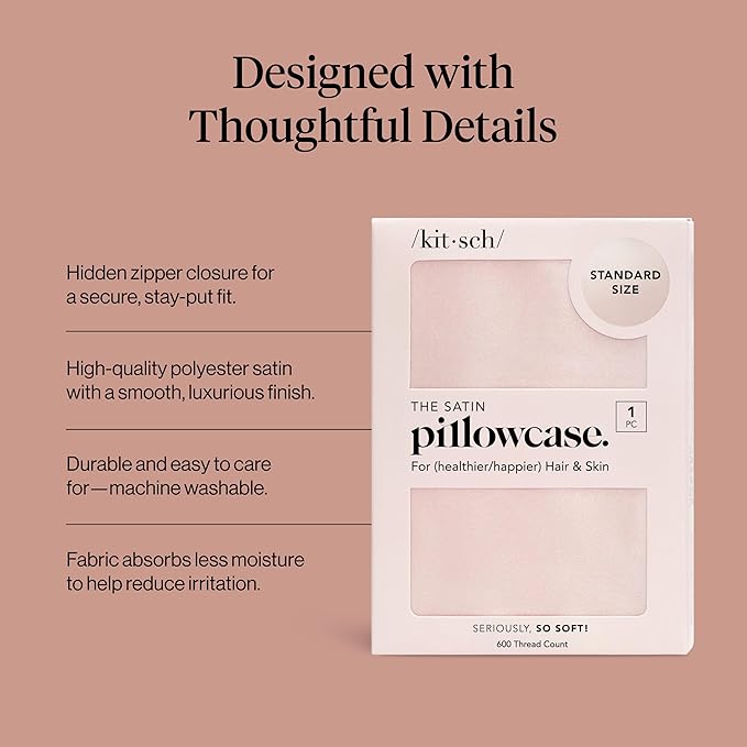 Kitsch Satin Pillowcase with Zipper for Hair & Skin - Softer Than Silk Pillow Cases, Smooth Cooling Satin Pillow Case, Wrinkle-Free, Machine Washable - Pillow Cases Standard Size (19x26) - Blush